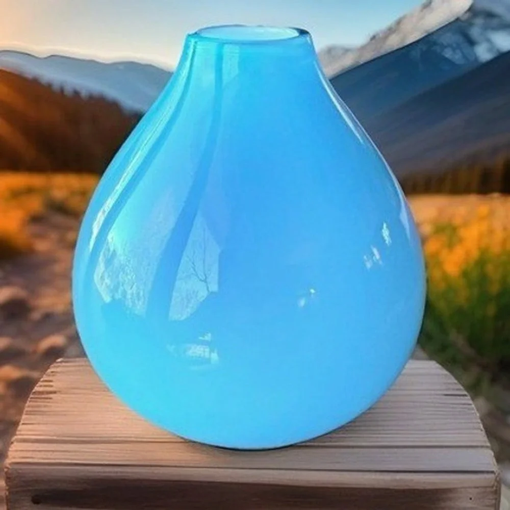 Crate & Barrel Blue Art Glass Bud Vase Hand Blown Aqua Turquoise Round Vase